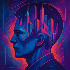 Poster - Futuristic Portrait of a Man with Geometric City in His Head