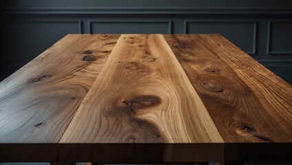 Poster - Top view of aged wooden table with rustic grain pattern against a dark wall
