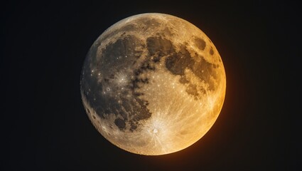 in the dark sky, the super blue moon shines with an orange hue