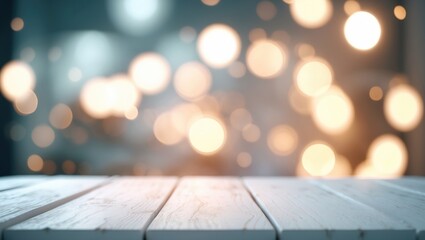 Poster - White table made of wood with a blurred backdrop and bokeh lighting effect