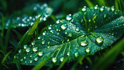 Poster - Detailed image of water droplets on foliage in rainy weather