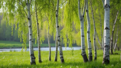 Poster - young birch trees with fresh green foliage in spring