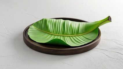 Poster - Circular banana leaf on a wooden surface featuring green, natural textures