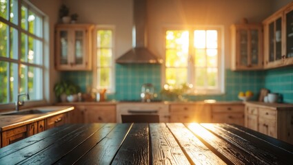 Poster - Sunlit kitchen scene showcasing a black wooden table against a bright white, minimalistic interior with blurred background