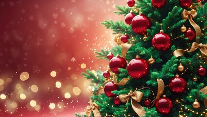 Poster - Colorful Christmas Fir Tree Decorated with Ornaments, Ribbons, and Garlands on a Shiny, Glittering Background