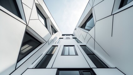 Poster - Architectural design with white walls, black-framed windows, and polygonal geometric elements in a modern minimalist setting
