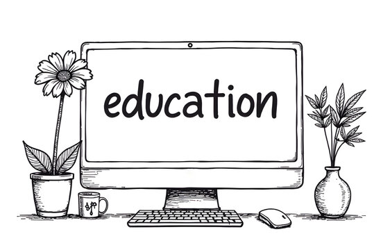 Hand-drawn computer with education text and plants on white background.