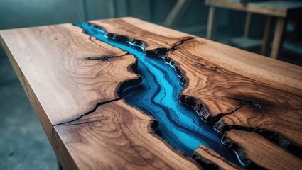 Poster - Cracked walnut wood enhanced with epoxy resin for contemporary furniture and interior design