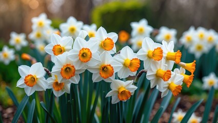 Poster - White daffodils with orange-tipped centers blooming amid a lush green garden