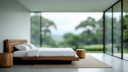 Poster - Elegant bedroom with a blurred view, big windows with gorgeous outlooks, minimalist style, and tranquil colors creating a serene environment