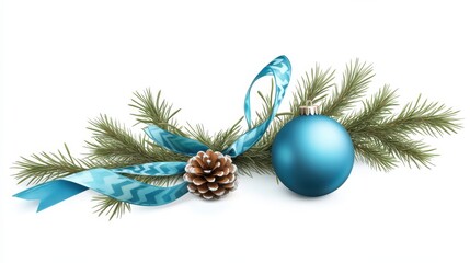 Wall Mural - Christmas decoration with blue ornament, pine cone, evergreen branches, and ribbon, copy space for text
