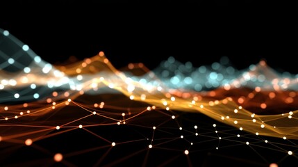 Aufkleber - Glowing neural network lines connect geometric data points on a dark grid, showcasing digital transformation, with ample space on the right