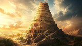 Ancient tower of babel against dramatic sky at sunset