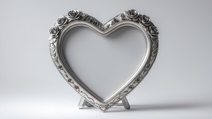 Isolated ornate silver heart frame with floral design against white backdrop