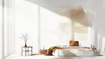 Poster - A white bedroom with a bed, a table, and a vase
