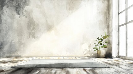Poster - A room with a plant in a pot and a yoga mat on the floor