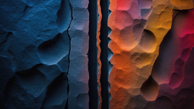 Decorative stone surface showcasing carved grooves and furrows in a vibrant color scheme