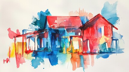Poster - This artwork features a striking house rendered in bright watercolors, surrounded by bold splashes of color. The composition emphasizes creativity and emotion through its vibrant palette