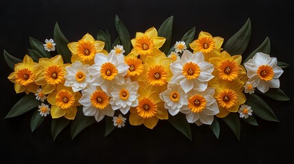 Aufkleber - Bouquet of yellow and white flowers is displayed on a black background. The flowers are arranged in a way that they seem to be reaching out to the viewer, creating a sense of warmth and happiness