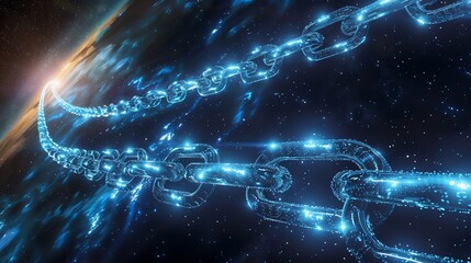 Poster - Interstellar blockchain concept with glowing links spanning cosmic distances