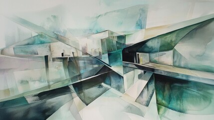 Poster - An intricate arrangement of geometric forms comes to life through soft watercolor techniques, blending hues of green and blue. The composition captures a sense of tranquility and depth