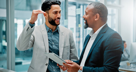 Poster - Office, businessmen and teamwork with tablet for discussion, corporate growth and research. People, mature manager and financial advisor with digital for risk management, talking and finance solution