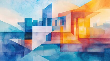 Poster - Bright hues of blue and orange create an abstract landscape showcasing blocks and shapes reminiscent of a modern city skyline during sunset