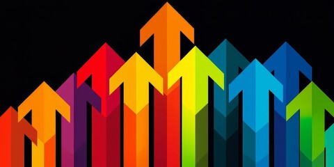 Poster - Colorful array of arrows pointing upwards. Concept of progress and growth, as the arrows are arranged in a way that suggests they are rising towards the sky
