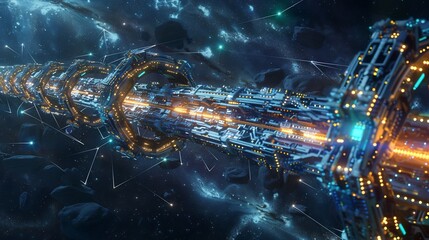 Poster - Futuristic space station amidst a nebula with technological advancement visual