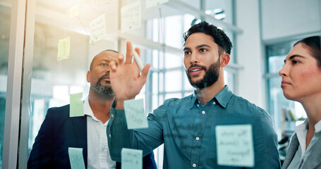 Aufkleber - Teamwork, ideas and business people at glass with collaboration, sticky note and brainstorming in office. Strategy, problem solving and planning with moodboard for growth, development and discussion