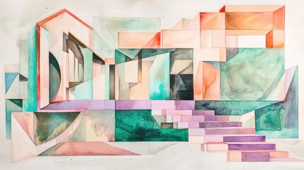 Poster - Intricate geometric forms combine in an abstract arrangement, showcasing vibrant colors and soft gradients. The perspective suggests depth with steps leading from the foreground to a space beyond