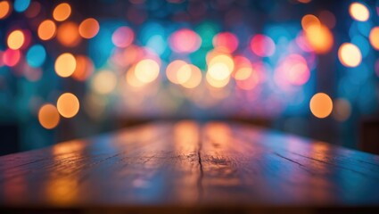 Poster - Desk setup featuring a long wooden surface and an out-of-focus background with bokeh