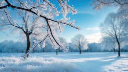 Poster - Sunny morning winter landscape featuring frost-covered branches and a clear blue sky