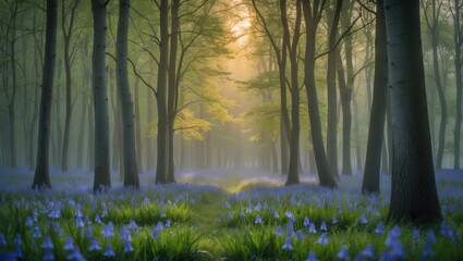Poster - Springtime woodland scene at dawn featuring a carpet of bluebells, gentle sunlight shining through tall beech trees with vibrant green foliage.