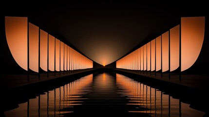 Aufkleber - Long, narrow hallway with a row of orange lights. The lights are lit up and create a warm, inviting atmosphere