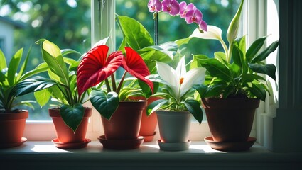Poster - Indoor houseplants in stylish pots displayed on windowsills within homes