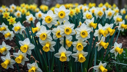 Poster - Colorful daffodils with green stems and lively petals in full bloom during spring