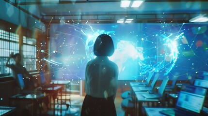 Poster - Futuristic classroom featuring student and global connectivity interface