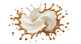 Explosão de leite branco e café em movimento dinâmico, capturando o impacto e a fluidez com fundo transparente.