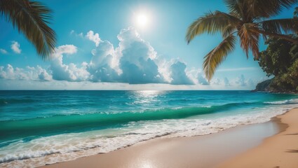 Poster - Beautiful seaside scene featuring a wide-angle panorama of clear water and blue sky