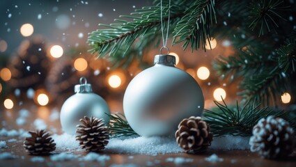 Poster - On a table adorned with pine needles and snow, two white Christmas ornaments, one larger, create a joyful and festive atmosphere.