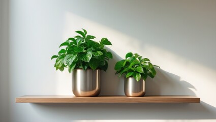 Poster - White wall with a wooden shelf displaying a green plant.