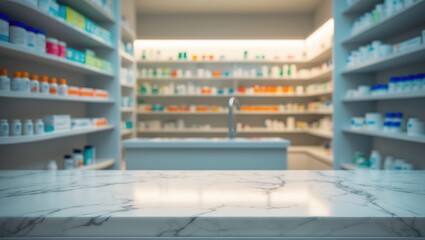 Poster - Countertop featuring white marble and a blurred background of pharmacy shelves