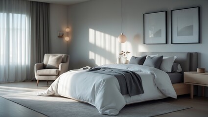 Poster - Modern bedroom interior showcasing blurred background, natural illumination, and minimalist decor for stylish home inspiration.