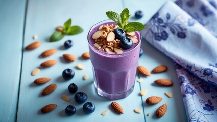 Aufkleber - Glass of blueberry and almond smoothie with healthy ingredients