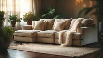 Poster - Serene living space featuring a blurred backdrop of a sectional sofa, soft textures, and natural design elements for relaxation.