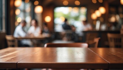 Poster - Empty wooden table in a coffee shop with a blurred background and bokeh lighting effects.