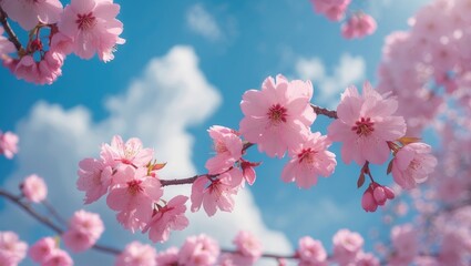 Poster - Spring scene featuring blooming pink cherry blossoms with a blue sky backdrop