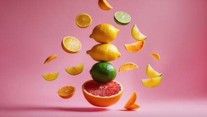 Poster - Vibrant citrus slices floating against a pink backdrop with space for text