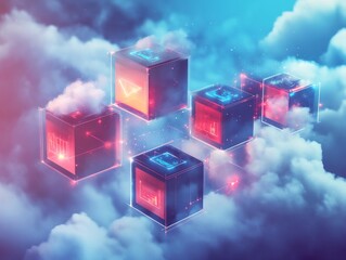 Poster - Futuristic cloud network with data storage cubes and abstract connections